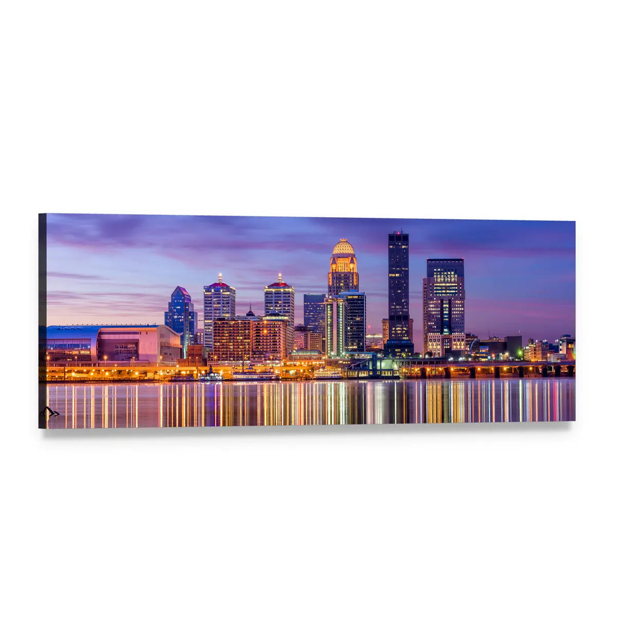 Louisville Skyline with River Reflections Panoramic Canvas Wall Art, single panel gallery wrapped canvas, angled product view