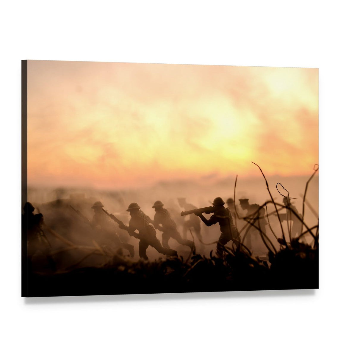Vintage Toy Soldiers in Combat Canvas Wall Art, single panel gallery wrapped canvas, angled product view