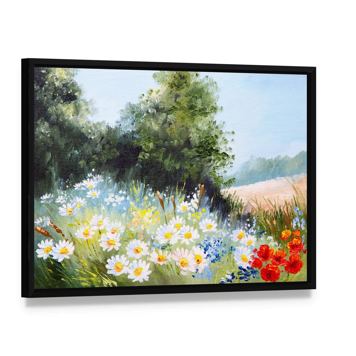 Meadow of Daisies Canvas Wall Art, framed canvas in a black floater frame, angled product view