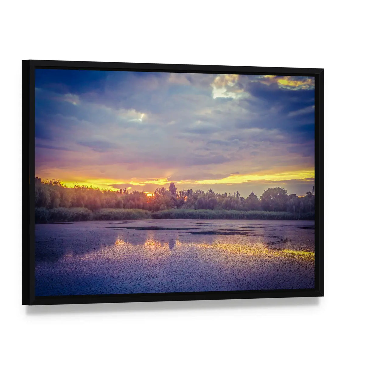Danube Delta Sunset Canvas Wall Art, framed canvas in a black floater frame, angled product view