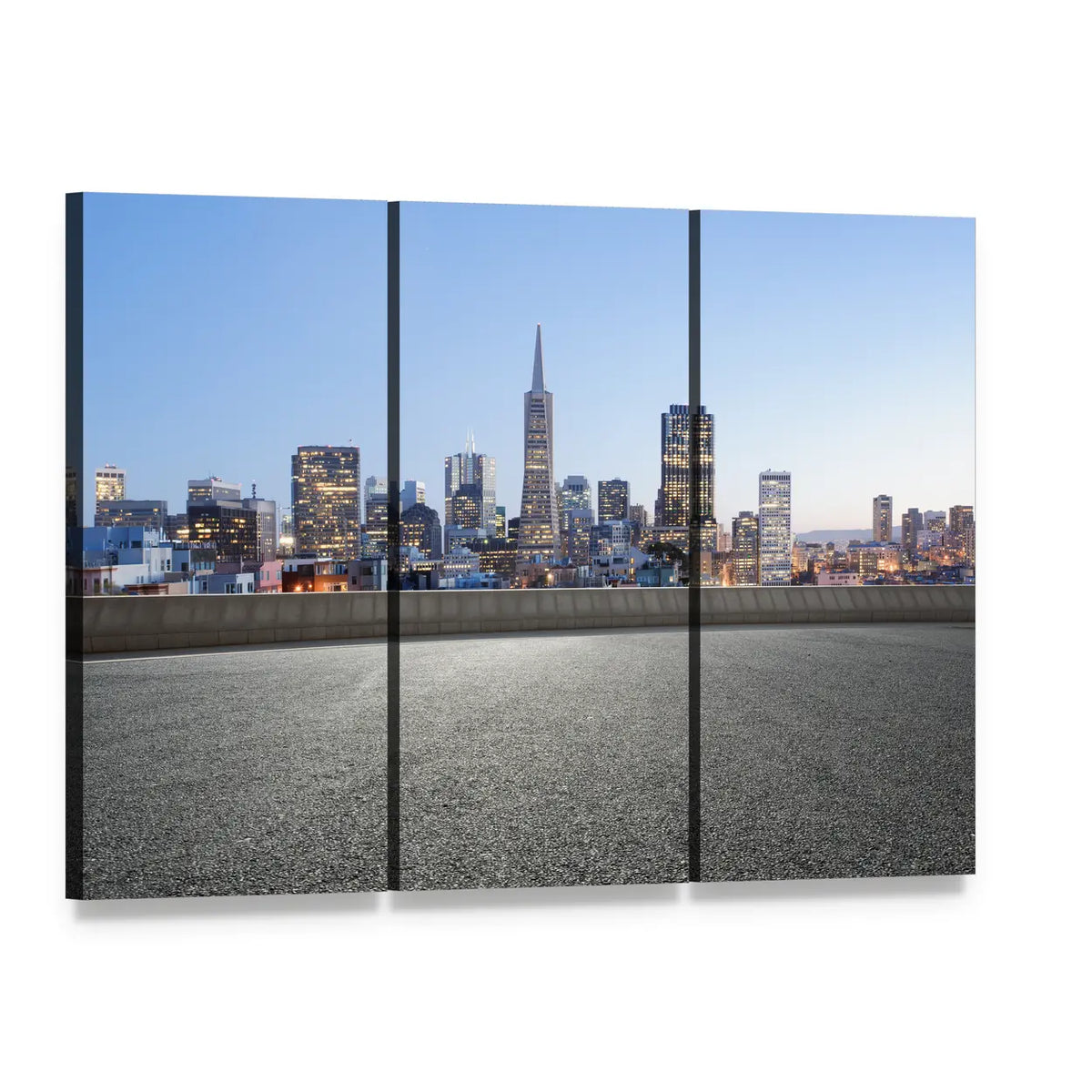 San Francisco Skyline at Dusk Canvas Wall Art, 3 panel 3 Horizontal layout gallery wrapped canvas set, angled product view