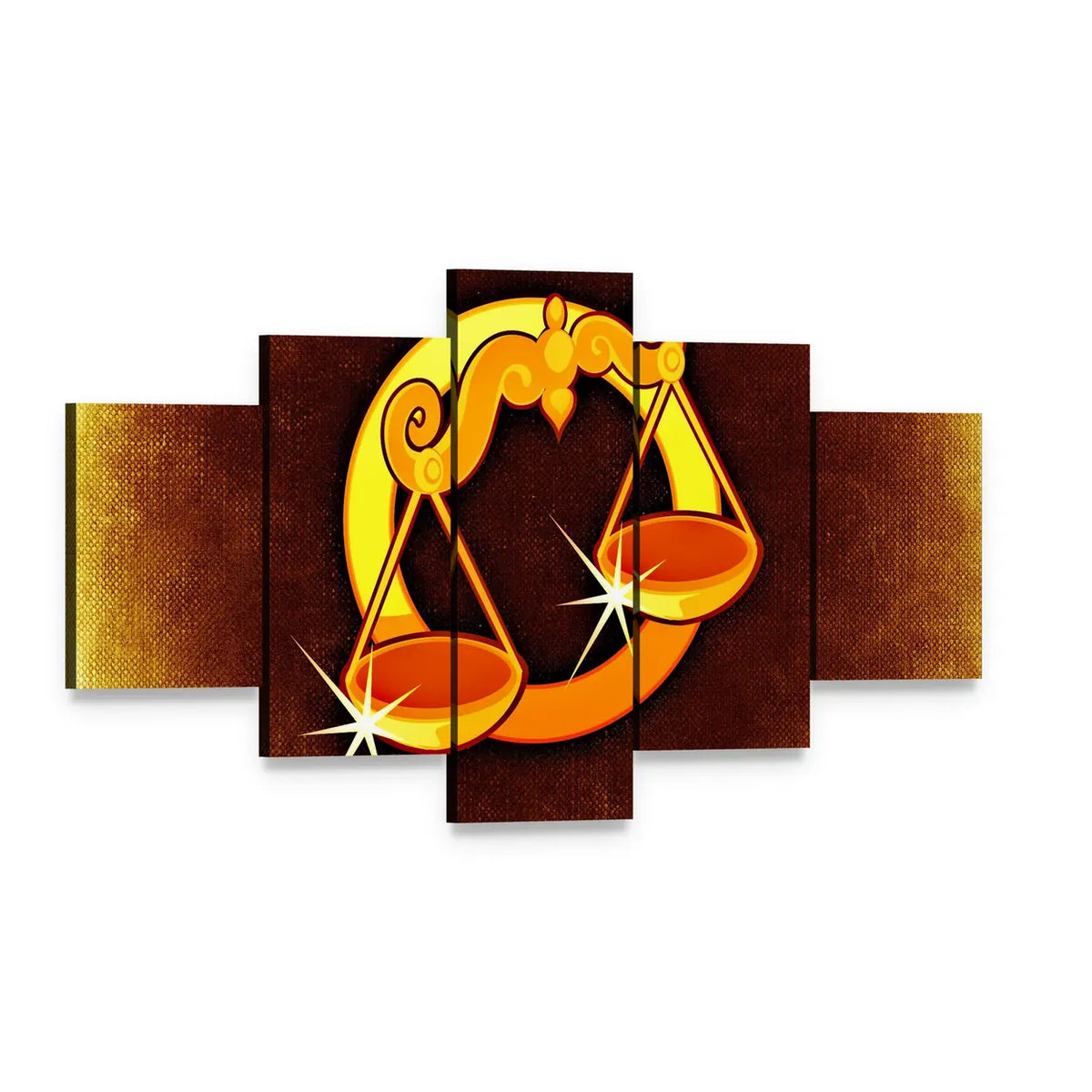 Libra Zodiac Symbol with Golden Scales Canvas Wall Art, 5 panel 5 Star layout gallery wrapped canvas set, angled product view