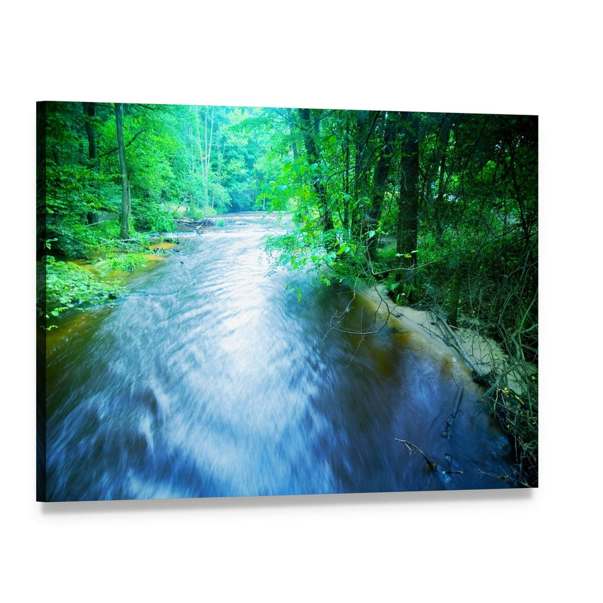 Fast Forest Stream Canvas Wall Art, single panel gallery wrapped canvas, angled product view