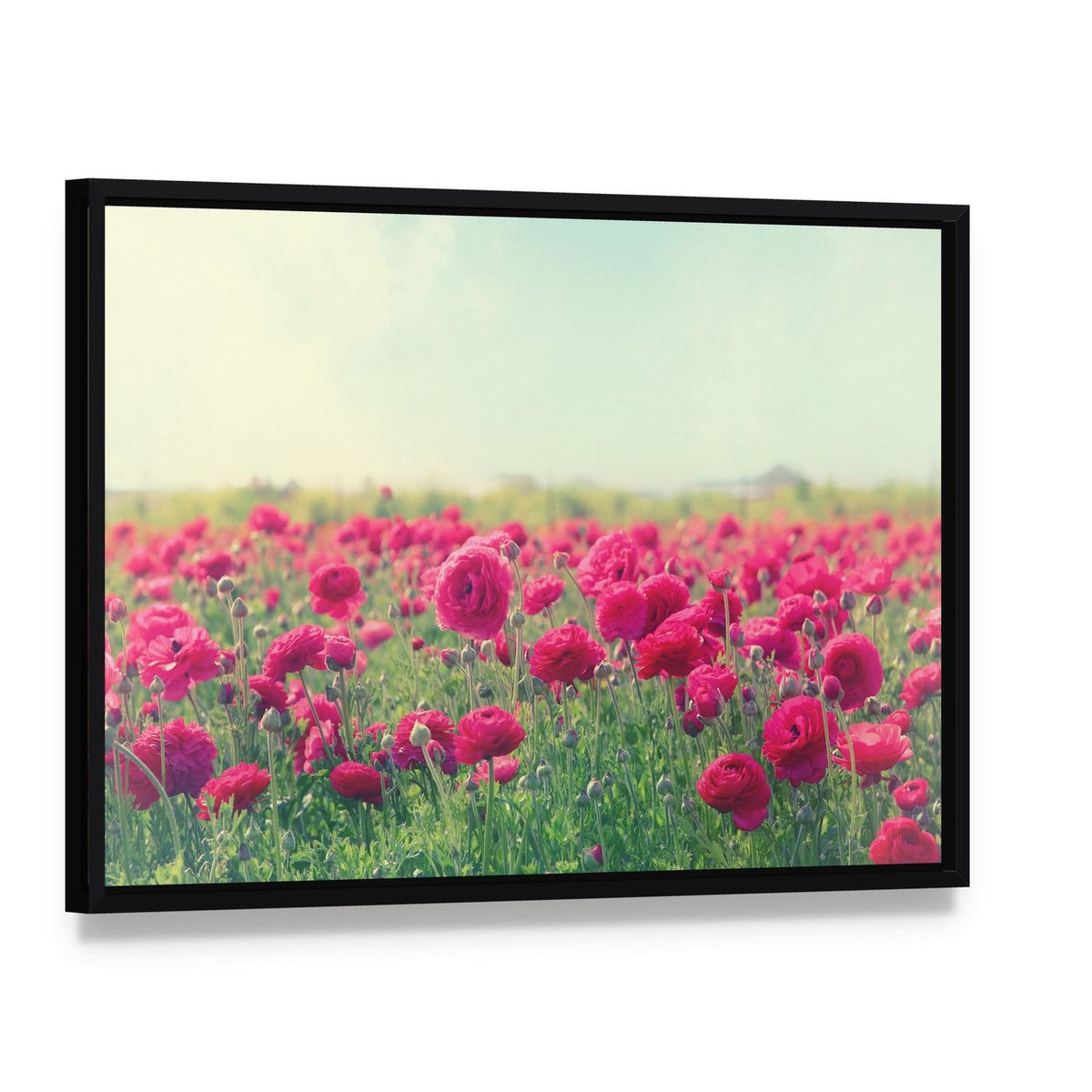 Pink Flowers in Spring Canvas Wall Art, framed canvas in a black floater frame, angled product view