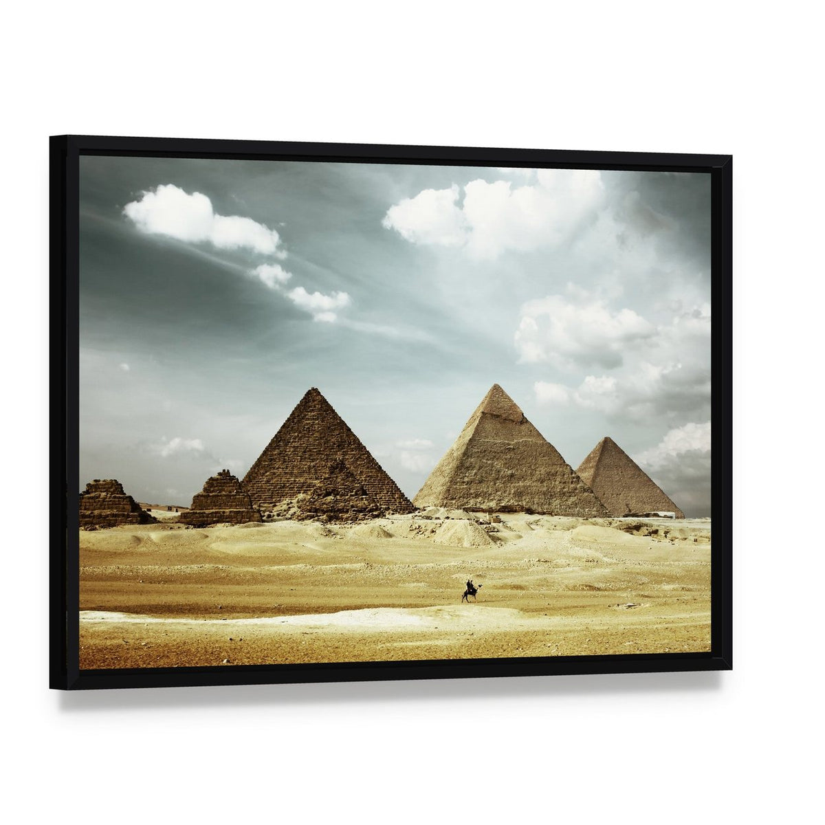 Great Pyramids of Giza Canvas Wall Art, framed canvas in a black floater frame, angled product view