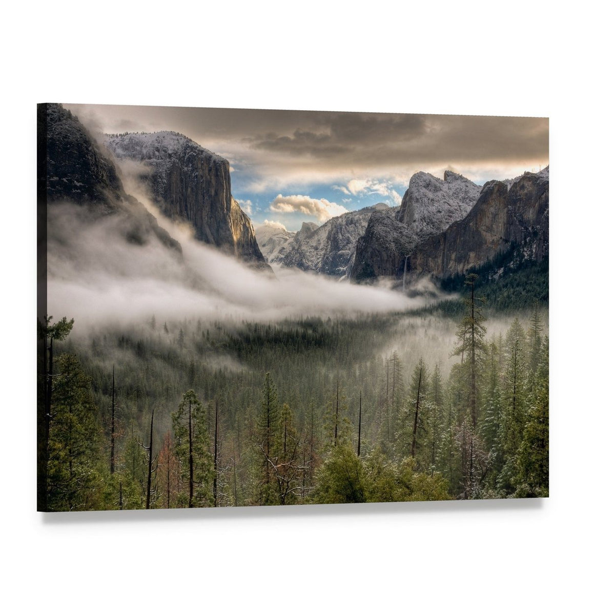 Misty Yosemite Valley with Fog Canvas Wall Art, single panel gallery wrapped canvas, angled product view