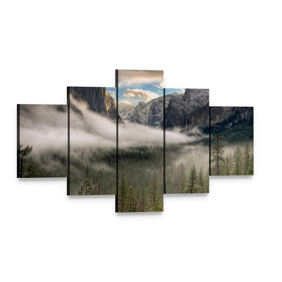 Misty Yosemite Valley with Fog Canvas Wall Art, 5 panel 5 Star layout gallery wrapped canvas set, angled product view