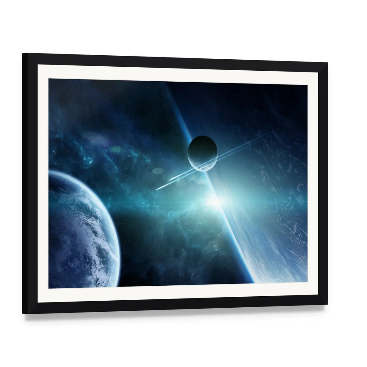 View of a Distant Planet System from Space Canvas Wall Art, framed print with white mat and black frame, angled product view