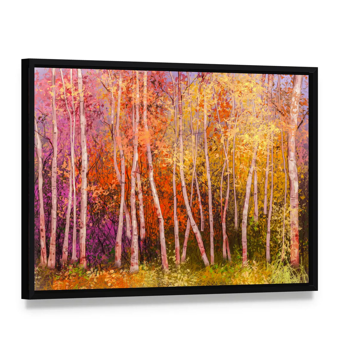 Colorful Autumn Birch Trees Canvas Wall Art, framed canvas in a black floater frame, angled product view