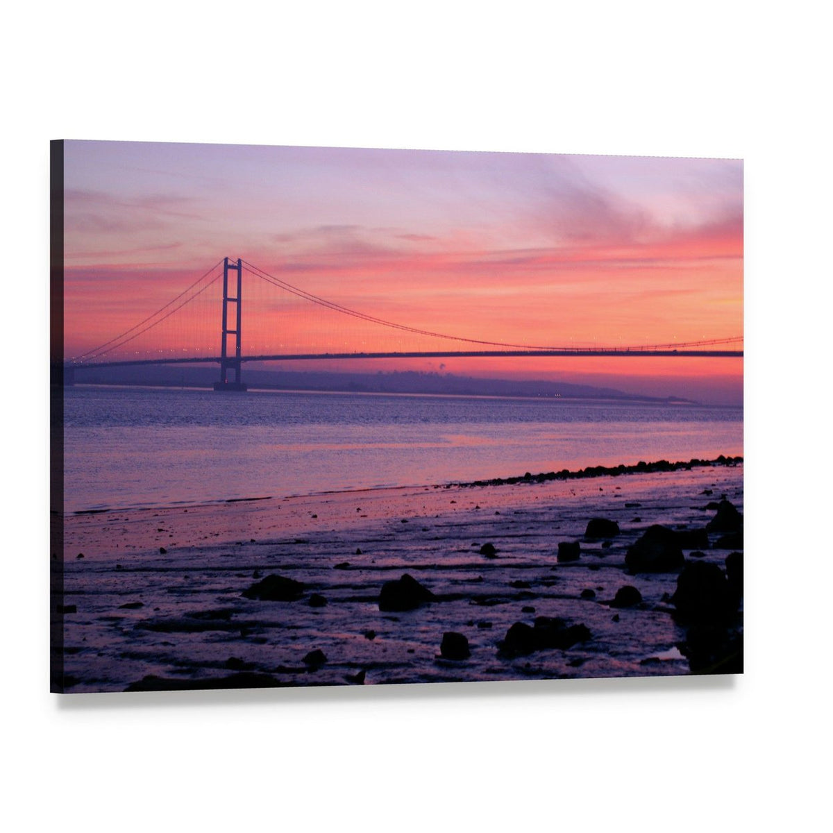 Warm Humber Bridge Sunset Canvas Wall Art, single panel gallery wrapped canvas, angled product view