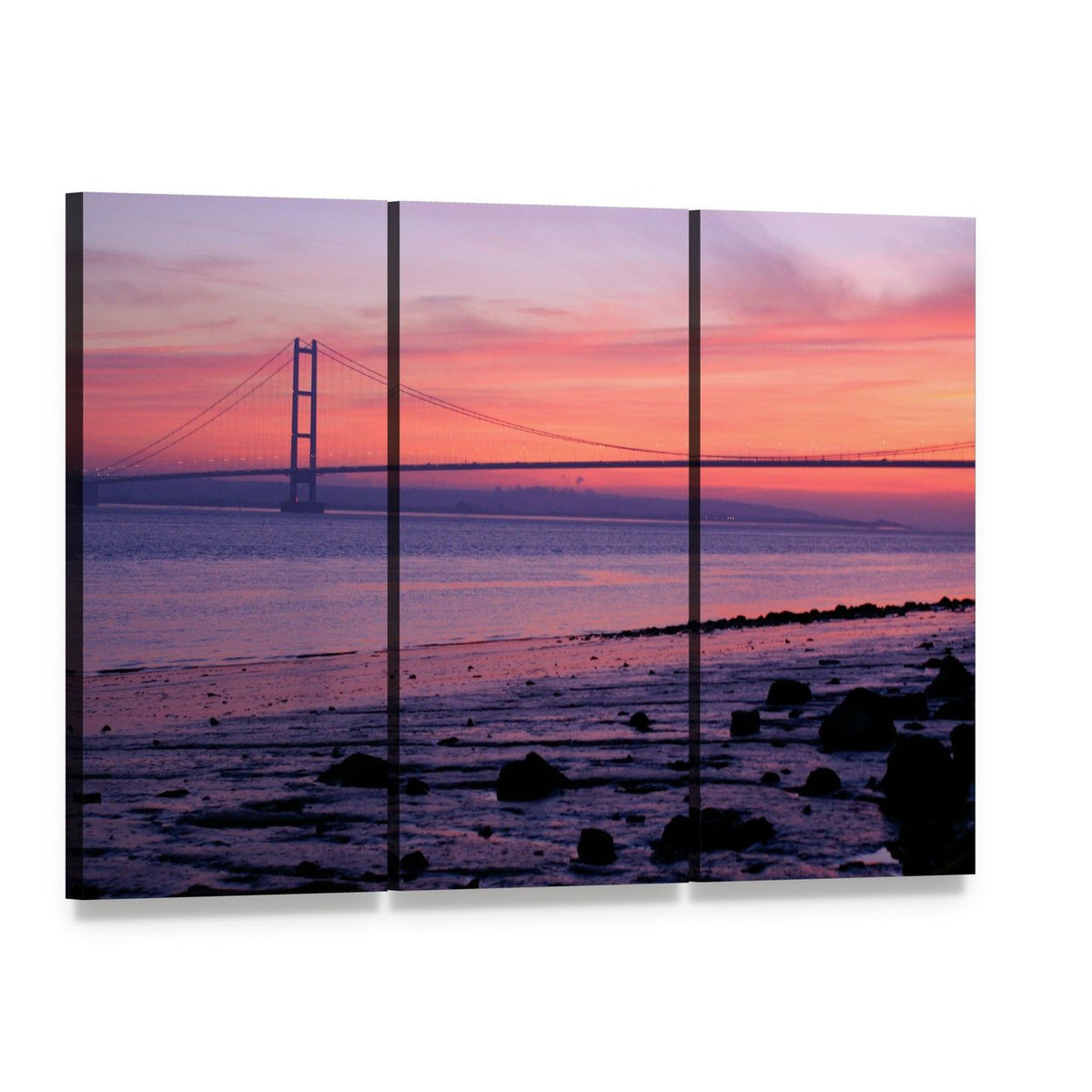 Warm Humber Bridge Sunset Canvas Wall Art, 3 panel 3 Horizontal layout gallery wrapped canvas set, angled product view