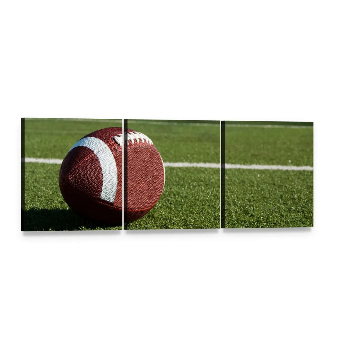 American Football on Green Turf Panoramic Canvas Wall Art, 3 panel 3 Piece layout gallery wrapped canvas set, angled product view