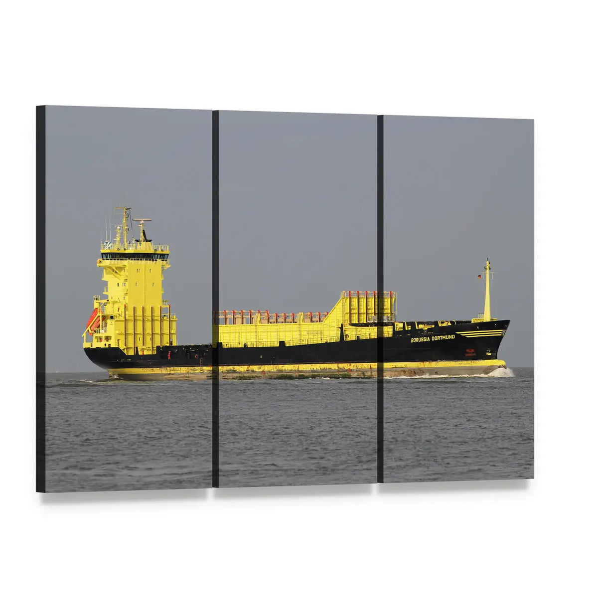 Yellow Container Ship at Sea Canvas Wall Art, 3 panel 3 Horizontal layout gallery wrapped canvas set, angled product view