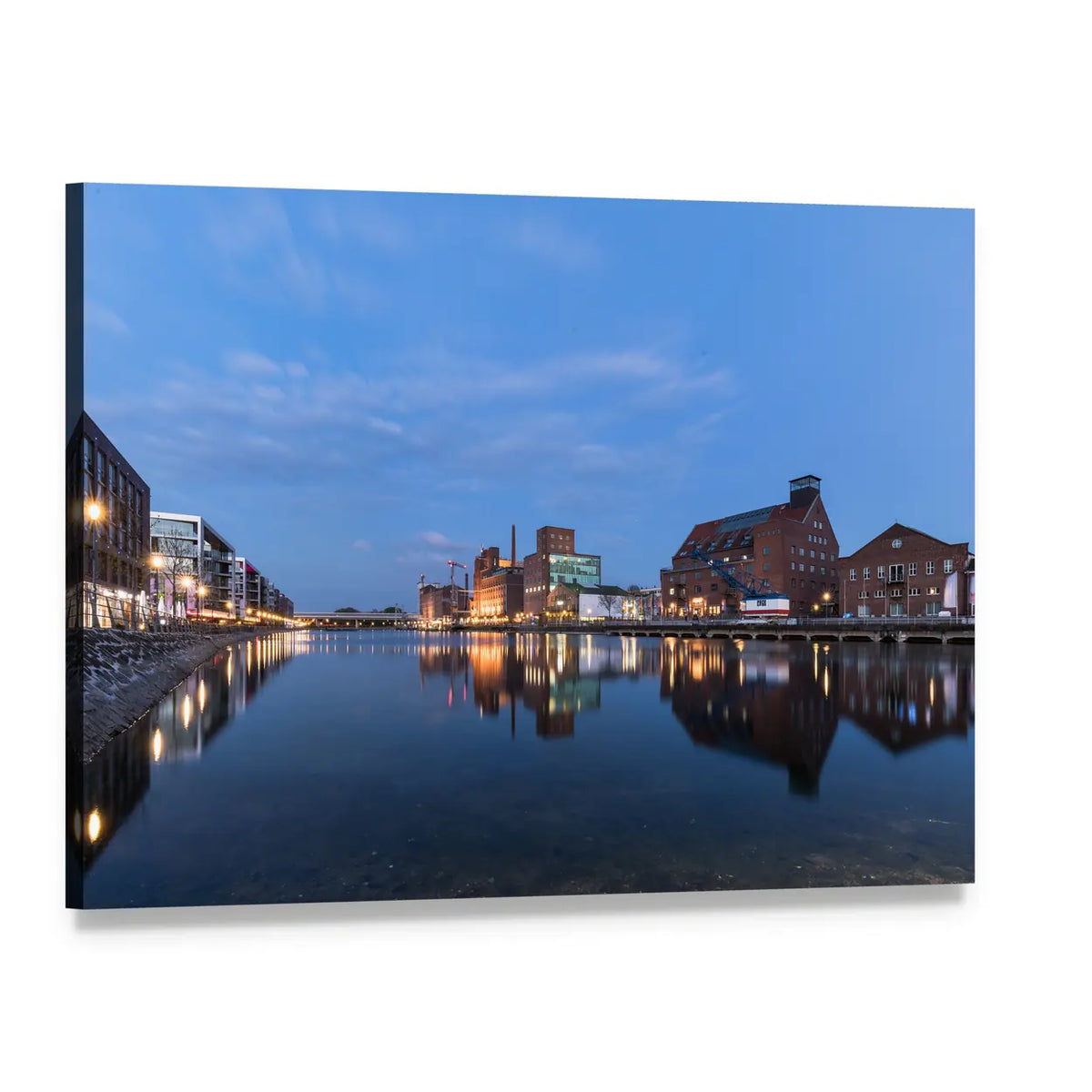 Duisburg Inner Harbor at Dusk Canvas Wall Art, single panel gallery wrapped canvas, angled product view