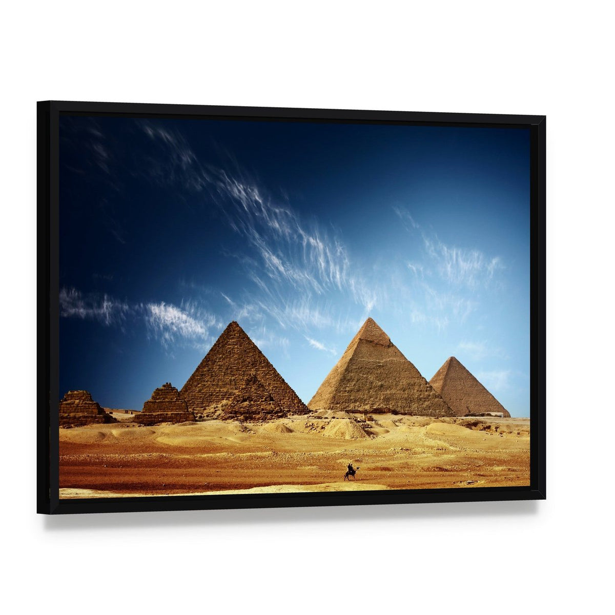 Giza Valley with Great Pyramids Canvas Wall Art, framed canvas in a black floater frame, angled product view