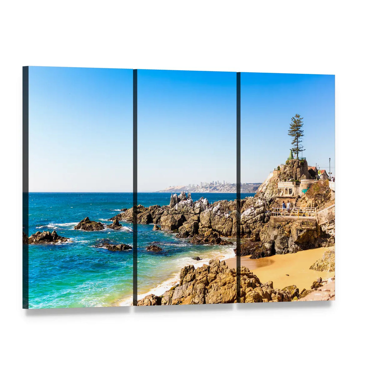 Rocky Beach on a Summer Day Canvas Wall Art, 3 panel 3 Horizontal layout gallery wrapped canvas set, angled product view