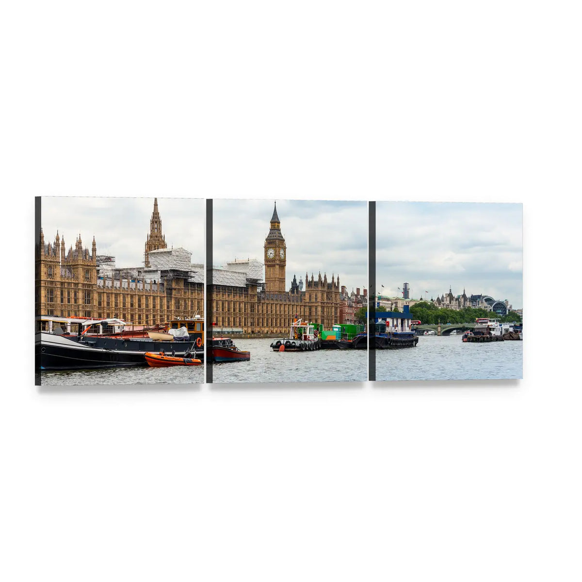Big Ben and Palace of Westminster, London Panoramic Canvas Wall Art, 3 panel 3 Piece layout gallery wrapped canvas set, angled product view
