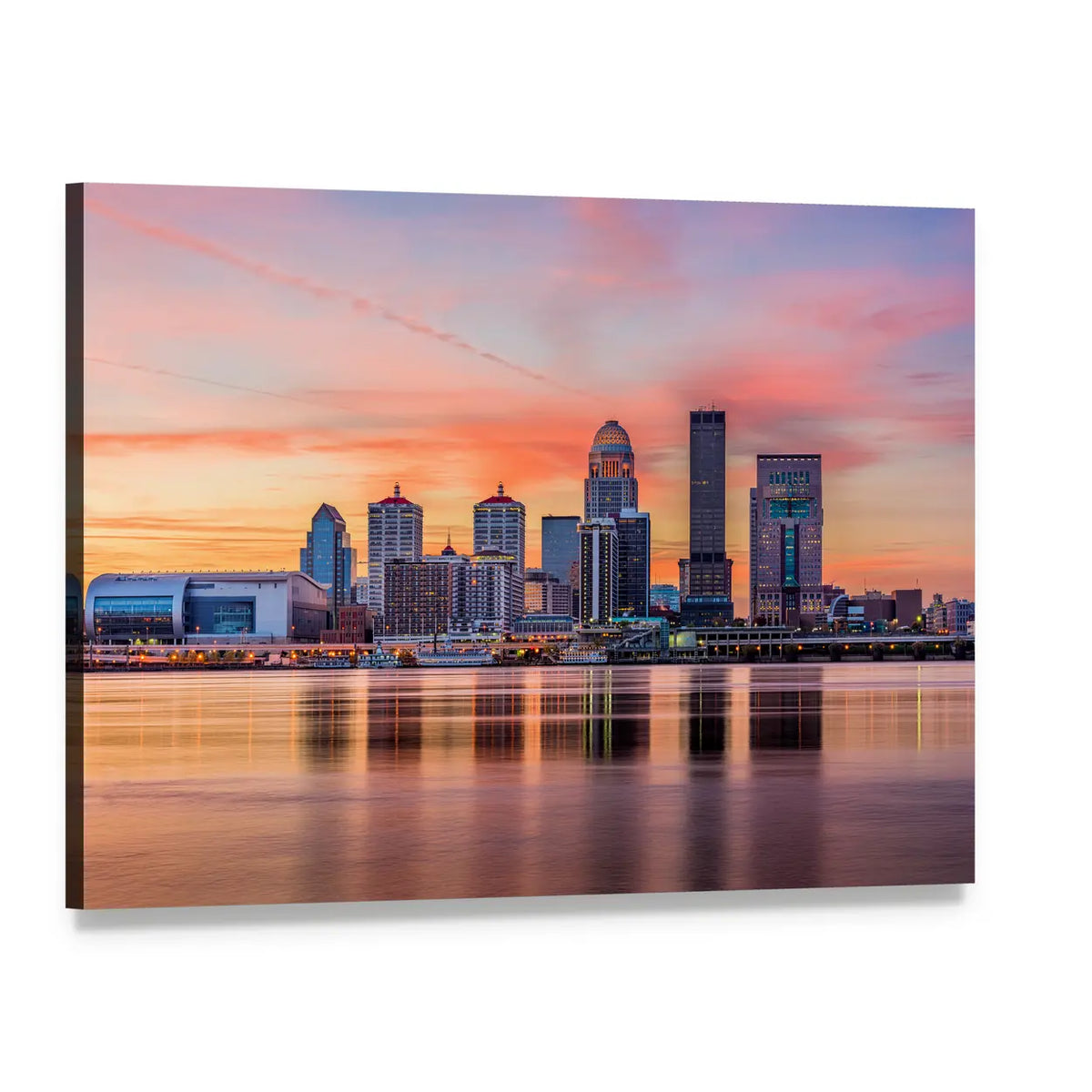 Downtown Louisville Skyline at Sunset Canvas Wall Art, single panel gallery wrapped canvas, angled product view