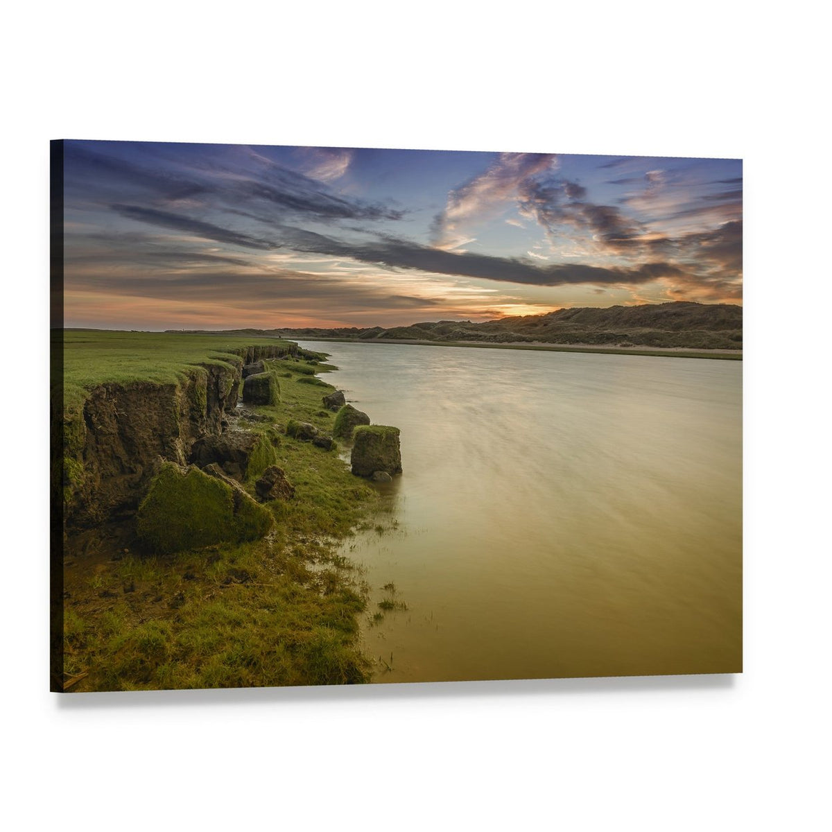 Sunset River with Mossy Coastal Cliffs Canvas Wall Art, single panel gallery wrapped canvas, angled product view
