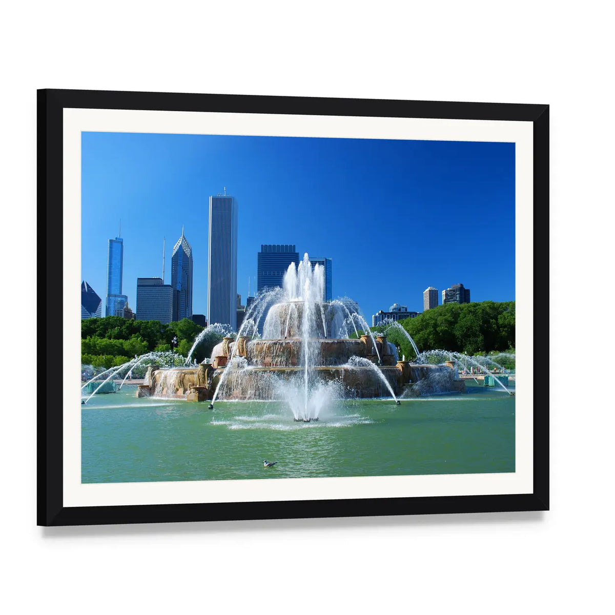 Chicago Skyline with Buckingham Fountain Canvas Wall Art, framed print with white mat and black frame, angled product view