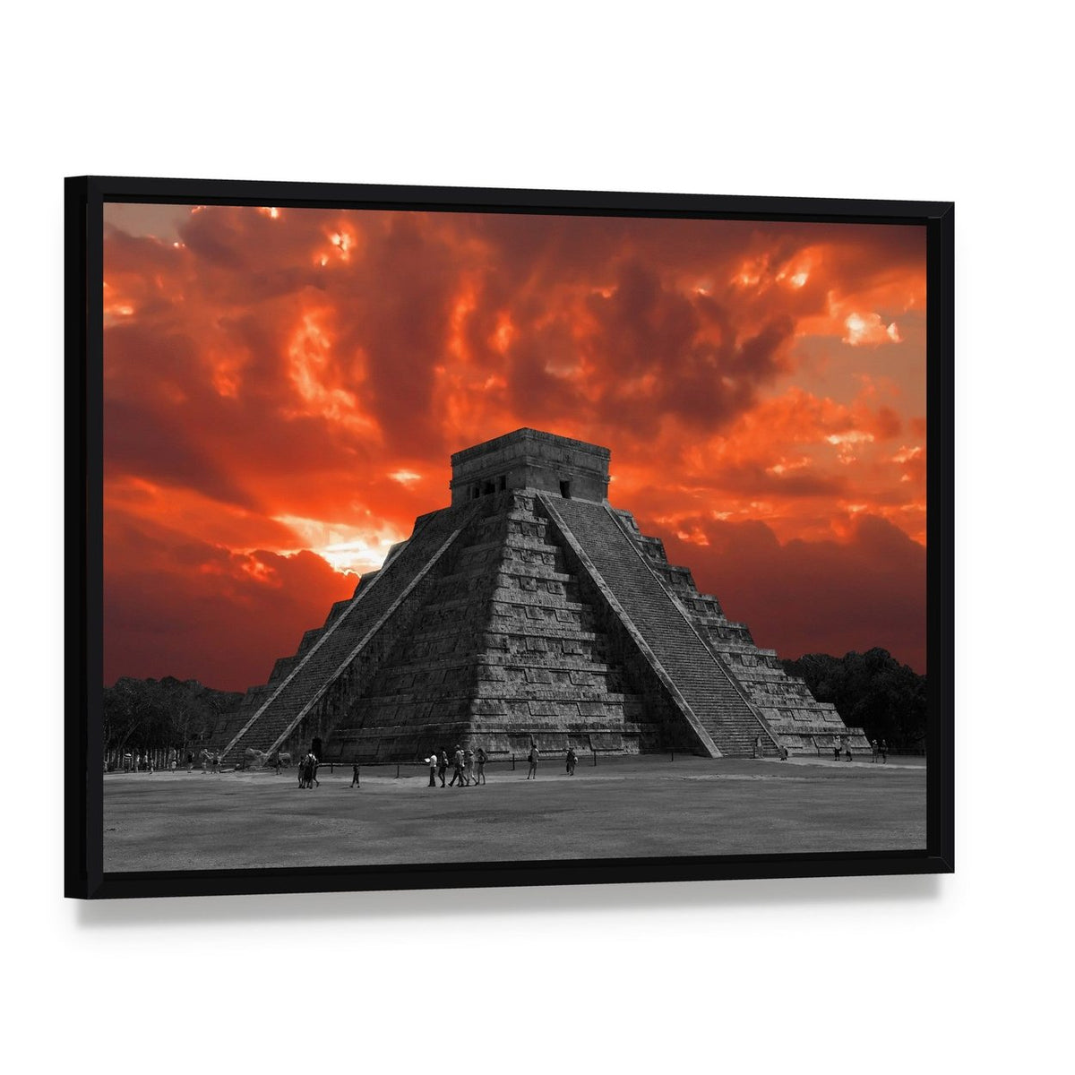 Chichen Itza Temple Canvas Wall Art, framed canvas in a black floater frame, angled product view