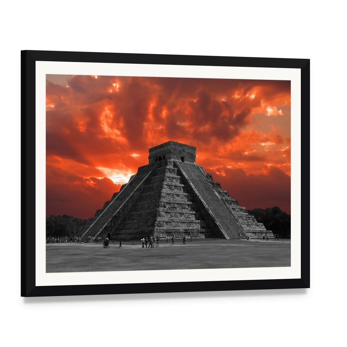 Chichen Itza Temple Canvas Wall Art, framed print with white mat and black frame, angled product view