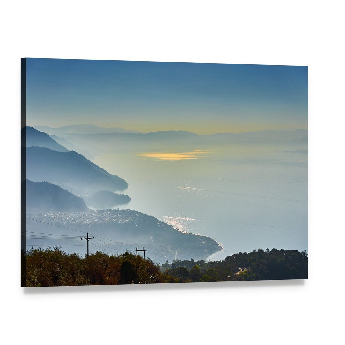 Foggy Morning at the Lake Canvas Wall Art, single panel gallery wrapped canvas, angled product view