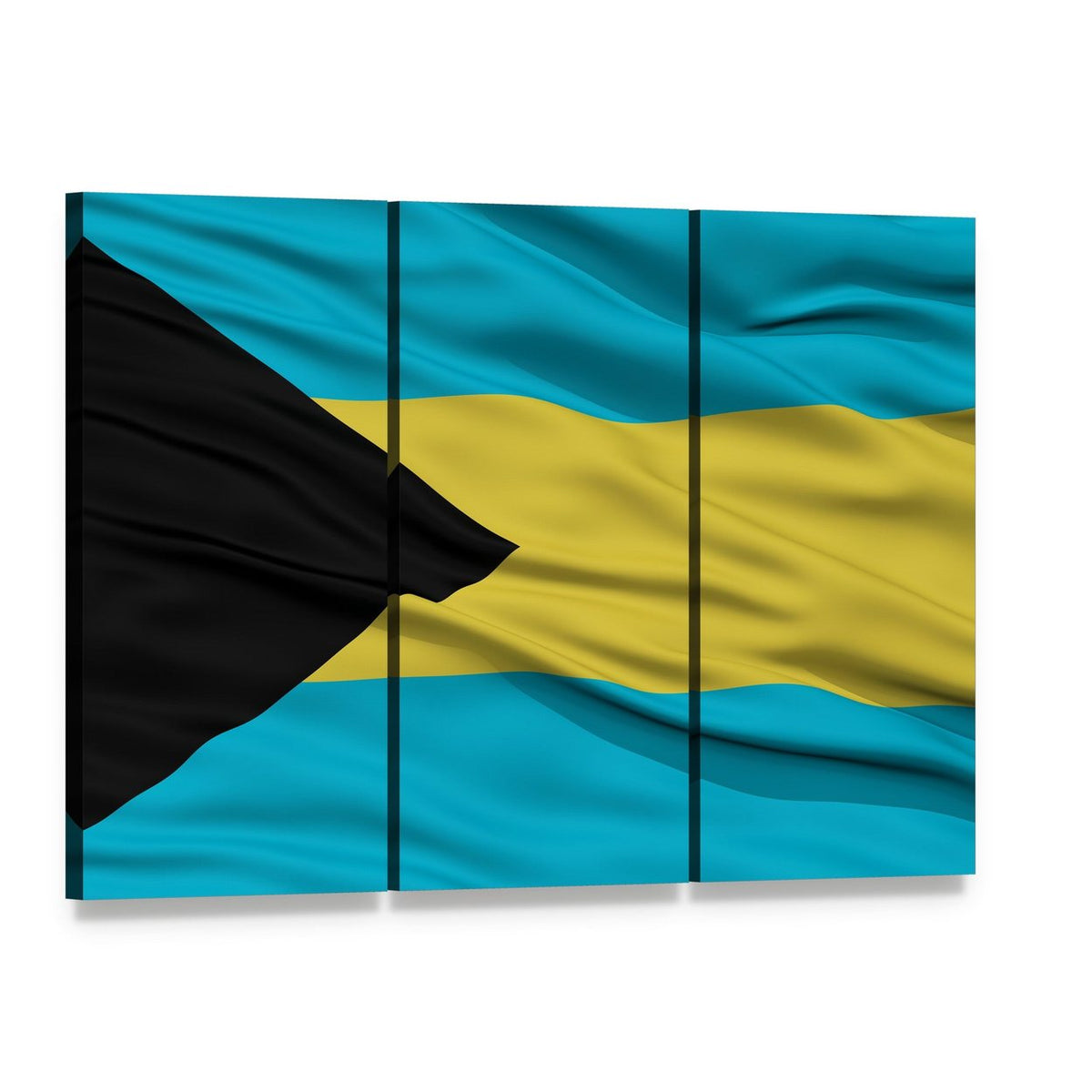 Waving Bahamas Flag Canvas Wall Art, 3 panel 3 Horizontal layout gallery wrapped canvas set, angled product view