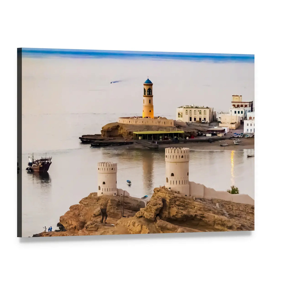 Oman Harbor with Dhow and Watchtower Canvas Wall Art, single panel gallery wrapped canvas, angled product view