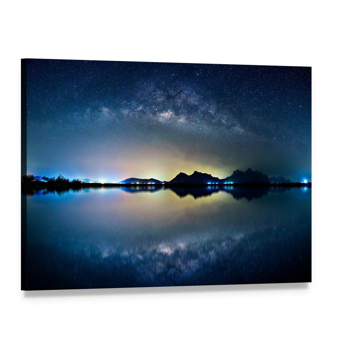 Milky Way Over Mountain Lake Canvas Wall Art, single panel gallery wrapped canvas, angled product view