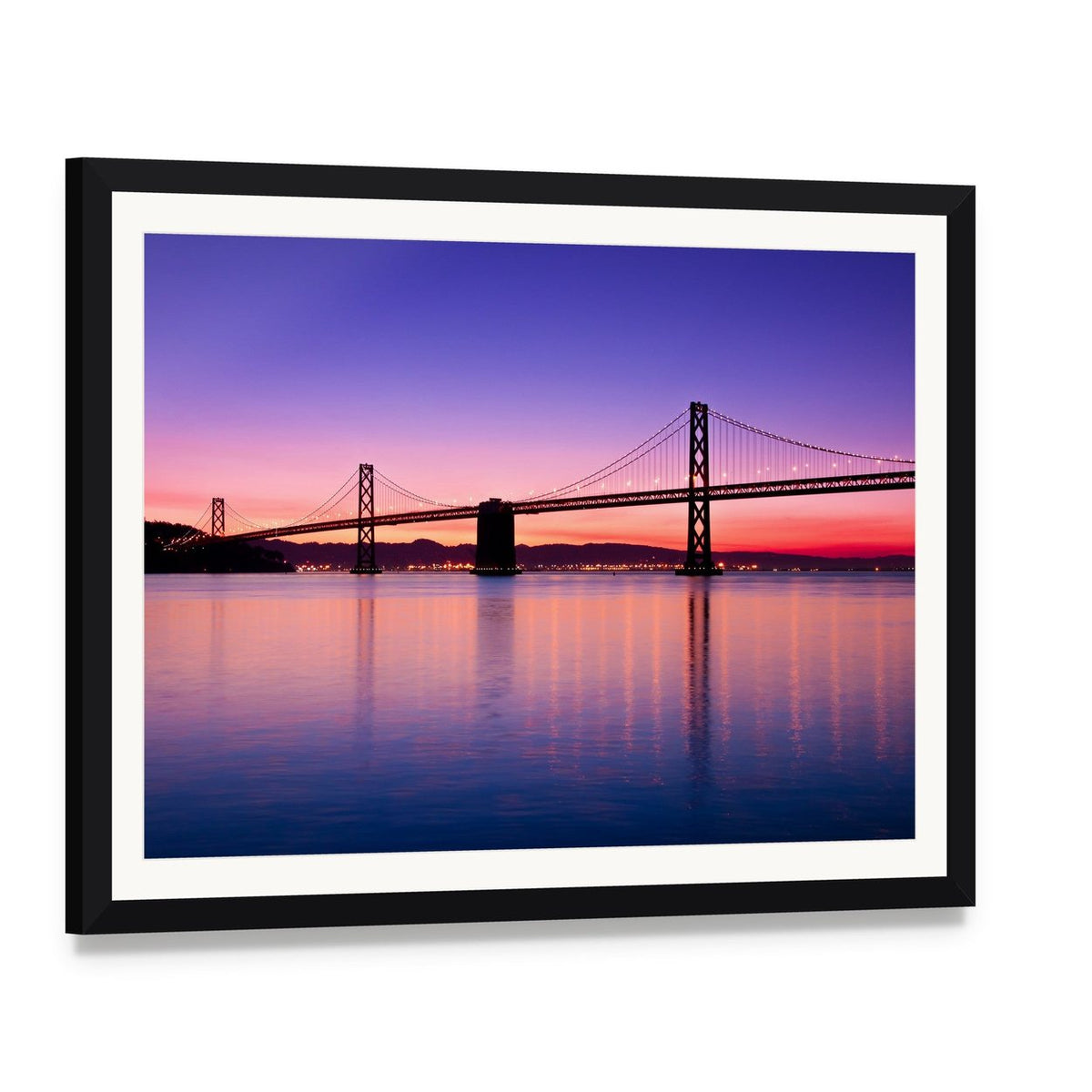 San Francisco Bay Bridge at Twilight Canvas Wall Art, framed print with white mat and black frame, angled product view