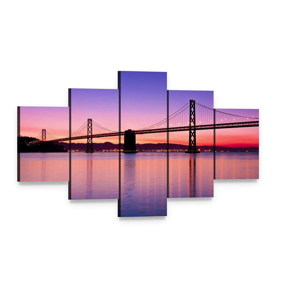San Francisco Bay Bridge at Twilight Canvas Wall Art, 5 panel 5 Star layout gallery wrapped canvas set, angled product view