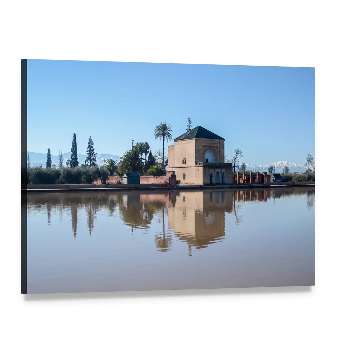 La Menara Reservoir with Palm Reflection Canvas Wall Art, single panel gallery wrapped canvas, angled product view