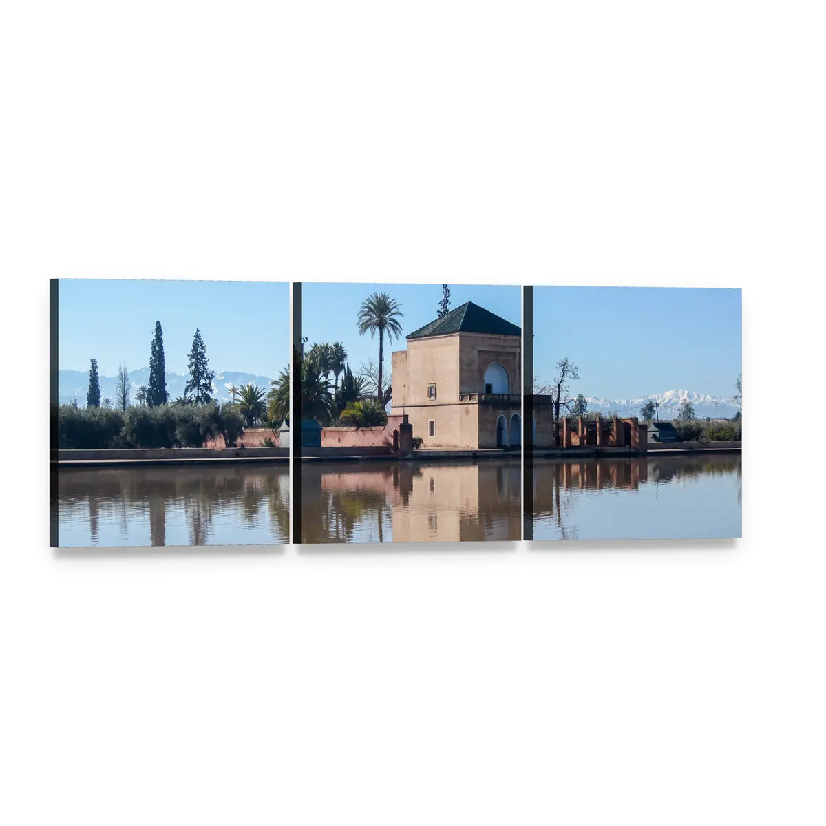 Menara Pavilion with Atlas Peaks Panoramic Canvas Wall Art, 3 panel 3 Piece layout gallery wrapped canvas set, angled product view