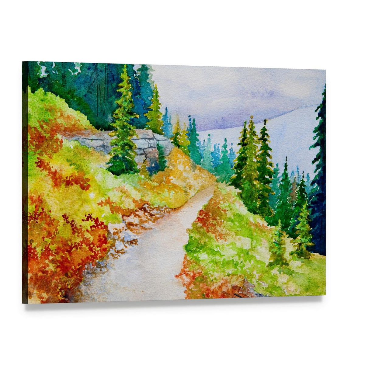 Watercolor Painting of a Mountain Path Canvas Wall Art, single panel gallery wrapped canvas, angled product view