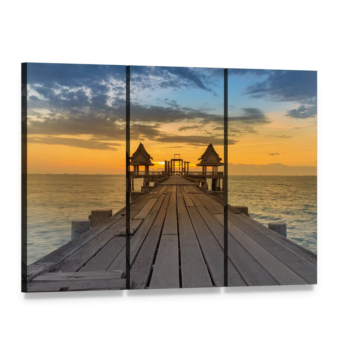 Wooden Pier to Coastal Skyline at Sunset Canvas Wall Art, 3 panel 3 Horizontal layout gallery wrapped canvas set, angled product view