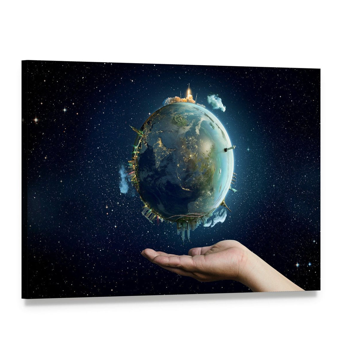 Hand Holding Planet Earth at Night Canvas Wall Art, single panel gallery wrapped canvas, angled product view