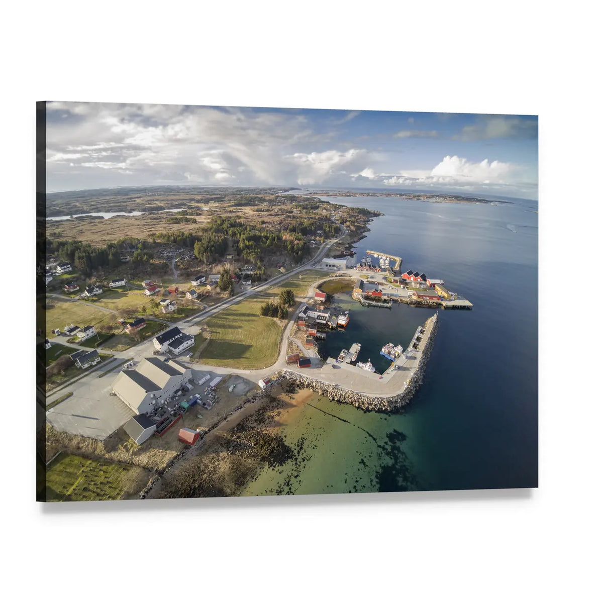 Small Norwegian Island Harbor Canvas Wall Art, single panel gallery wrapped canvas, angled product view