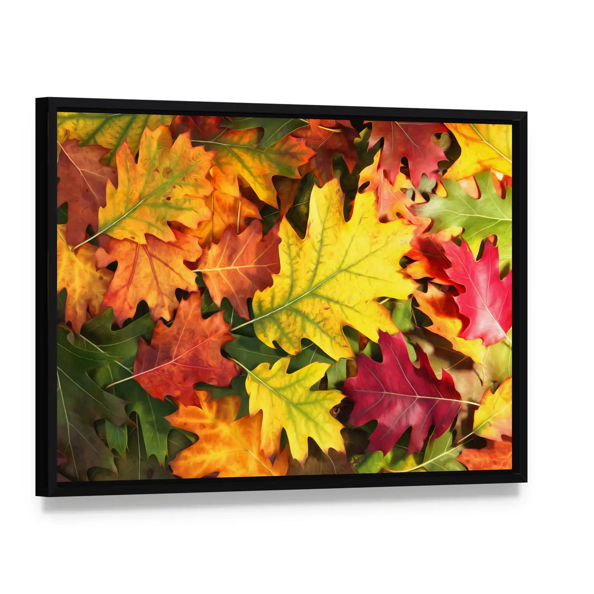 Colorful Oak Leaves in Autumn Canvas Wall Art, framed canvas in a black floater frame, angled product view