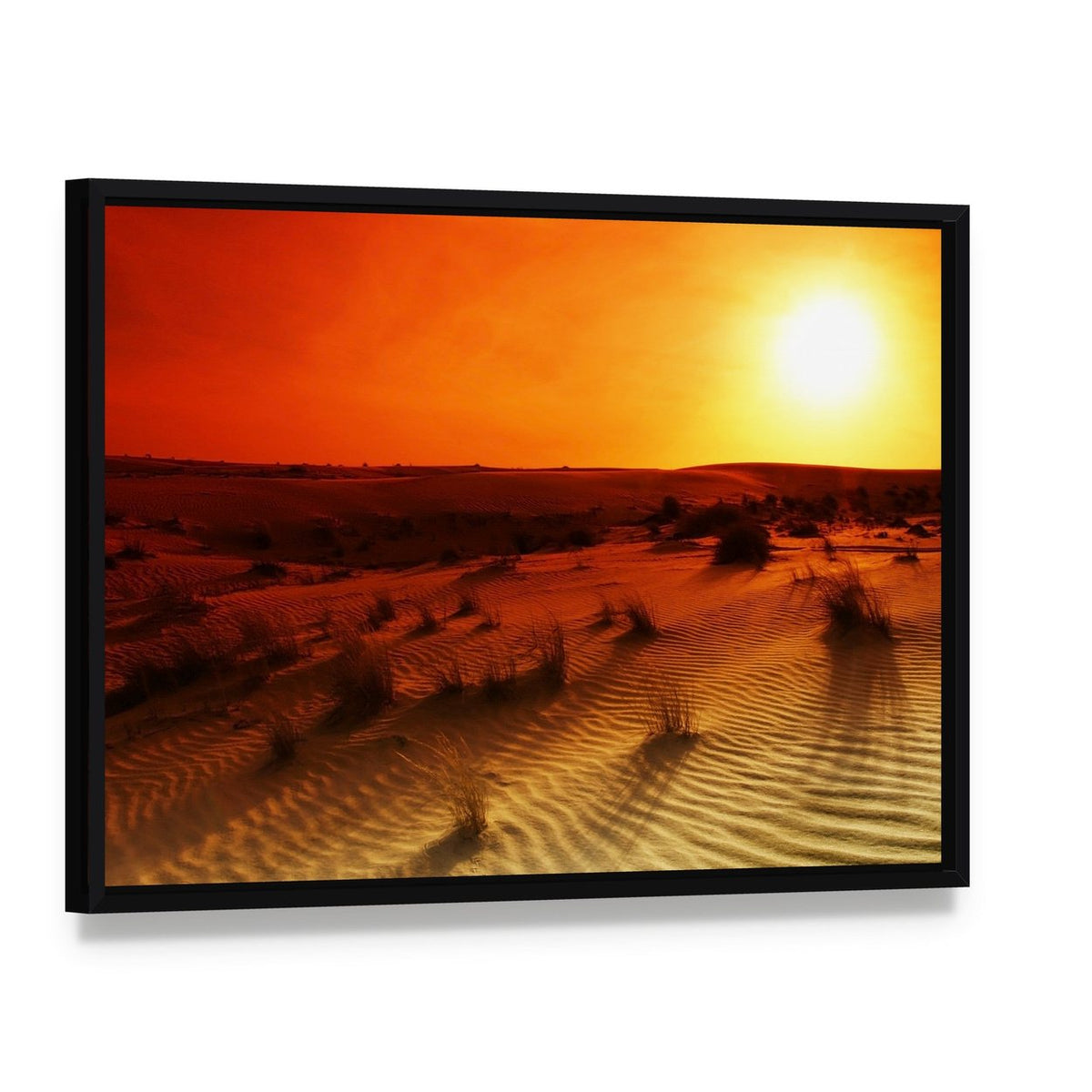 Orange Sunset Over Desert Dunes Canvas Wall Art, framed canvas in a black floater frame, angled product view