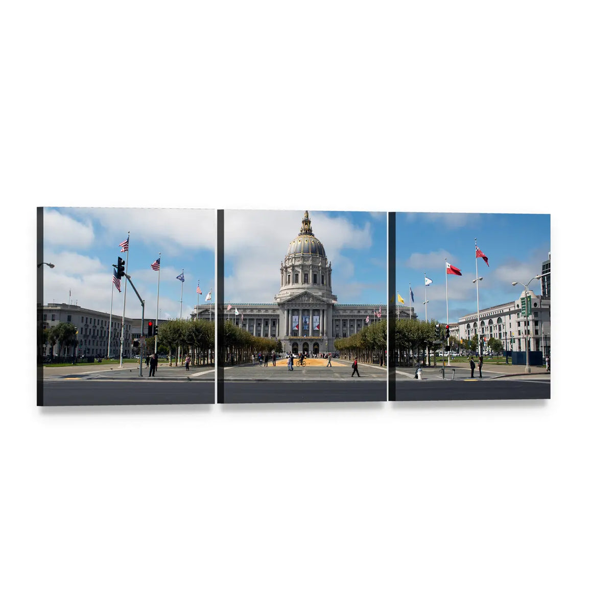 San Francisco City Hall Panoramic Canvas Wall Art, 3 panel 3 Piece layout gallery wrapped canvas set, angled product view
