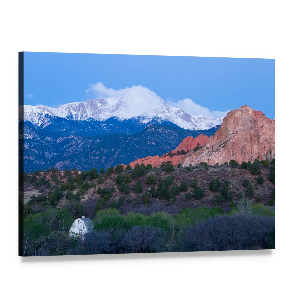 Pikes Peak Mountain Landscape Canvas Wall Art, single panel gallery wrapped canvas, angled product view