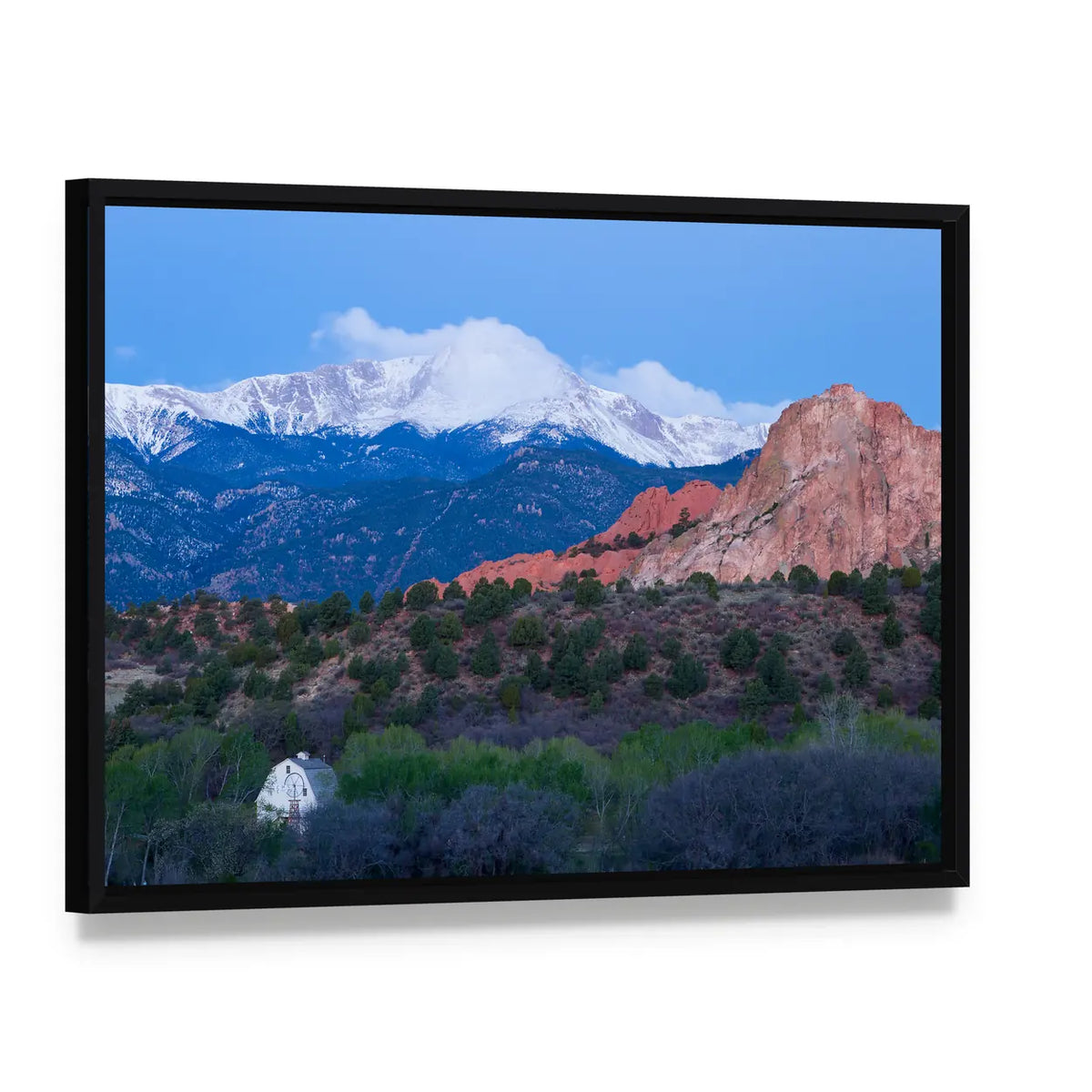 Pikes Peak Mountain Landscape Canvas Wall Art, framed canvas in a black floater frame, angled product view