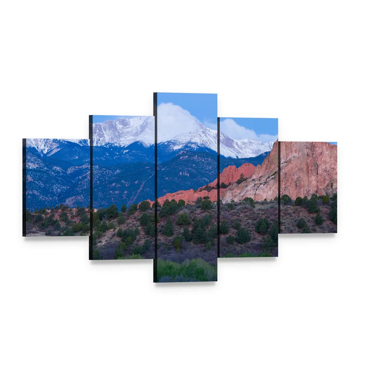 Pikes Peak Mountain Landscape Canvas Wall Art, 5 panel 5 Star layout gallery wrapped canvas set, angled product view