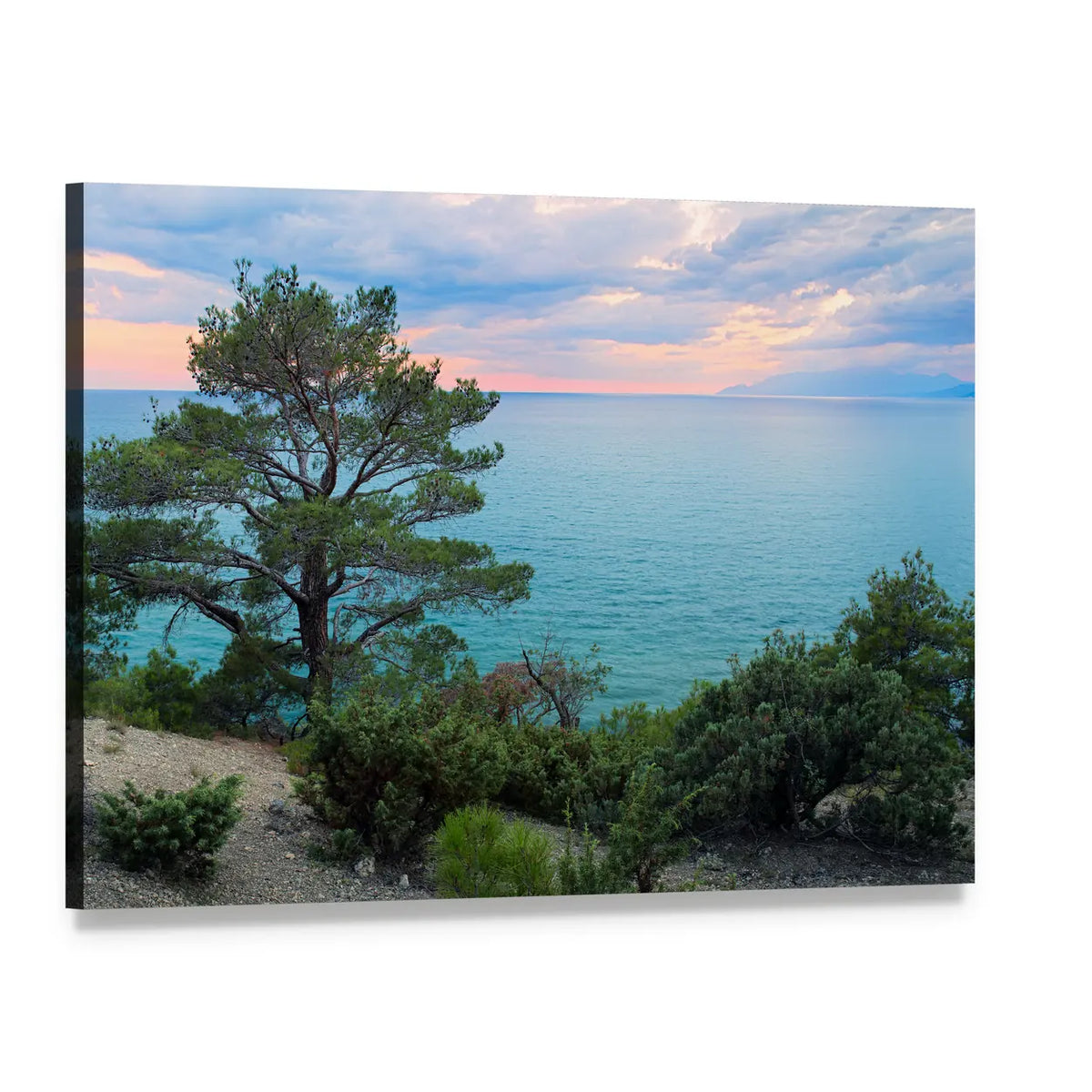 Pine Cliff Over Crimea's Calm Sea Canvas Wall Art, single panel gallery wrapped canvas, angled product view