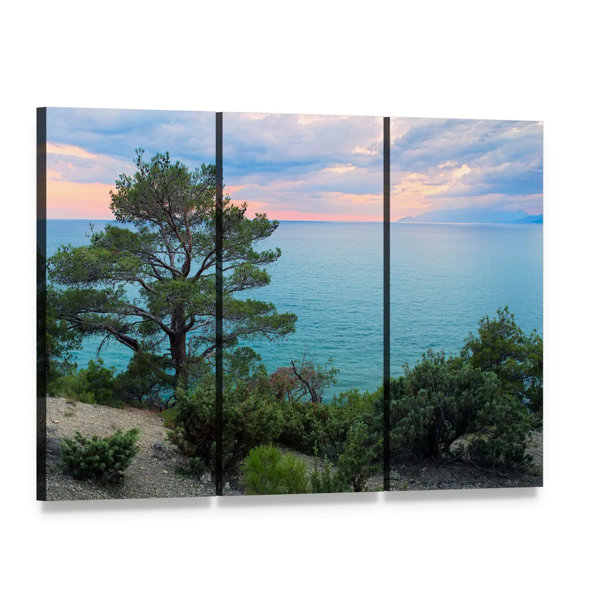 Pine Cliff Over Crimea's Calm Sea Canvas Wall Art, 3 panel 3 Horizontal layout gallery wrapped canvas set, angled product view