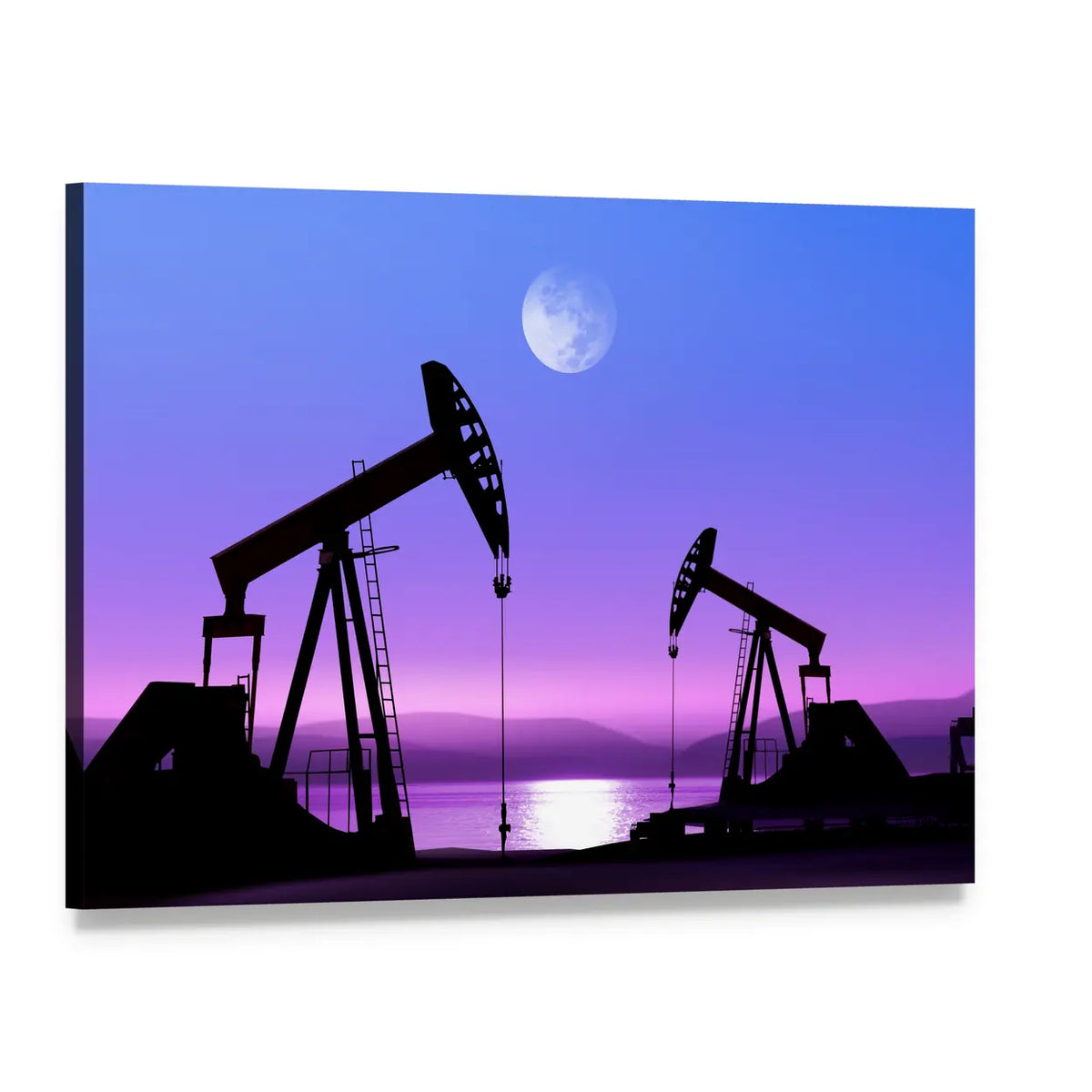 Moonlit Oil Pump Jacks Silhouette Canvas Wall Art, single panel gallery wrapped canvas, angled product view