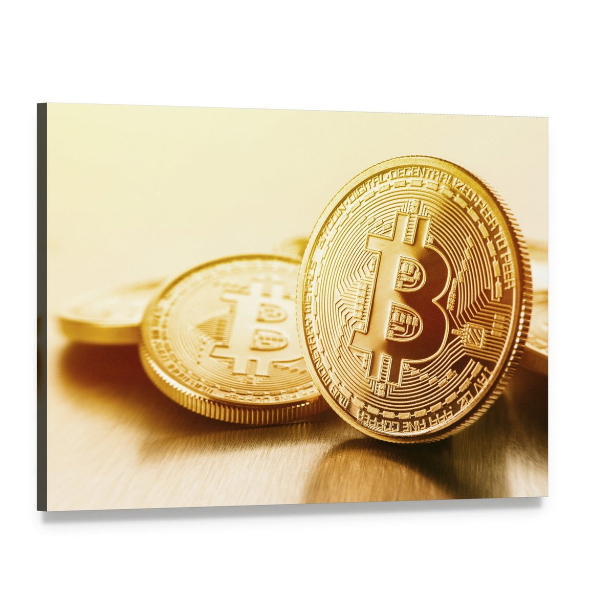 Golden Bitcoins Close-up Canvas Wall Art, single panel gallery wrapped canvas, angled product view