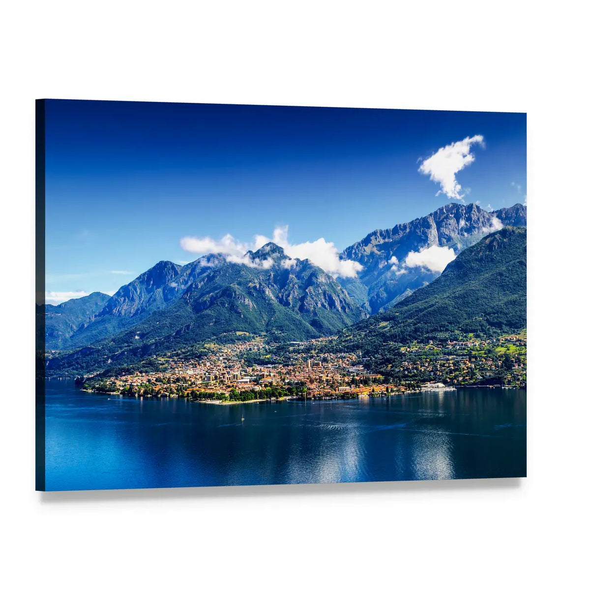 Small Town at Foot of Alpine Mountain, Lake Como Canvas Wall Art, single panel gallery wrapped canvas, angled product view