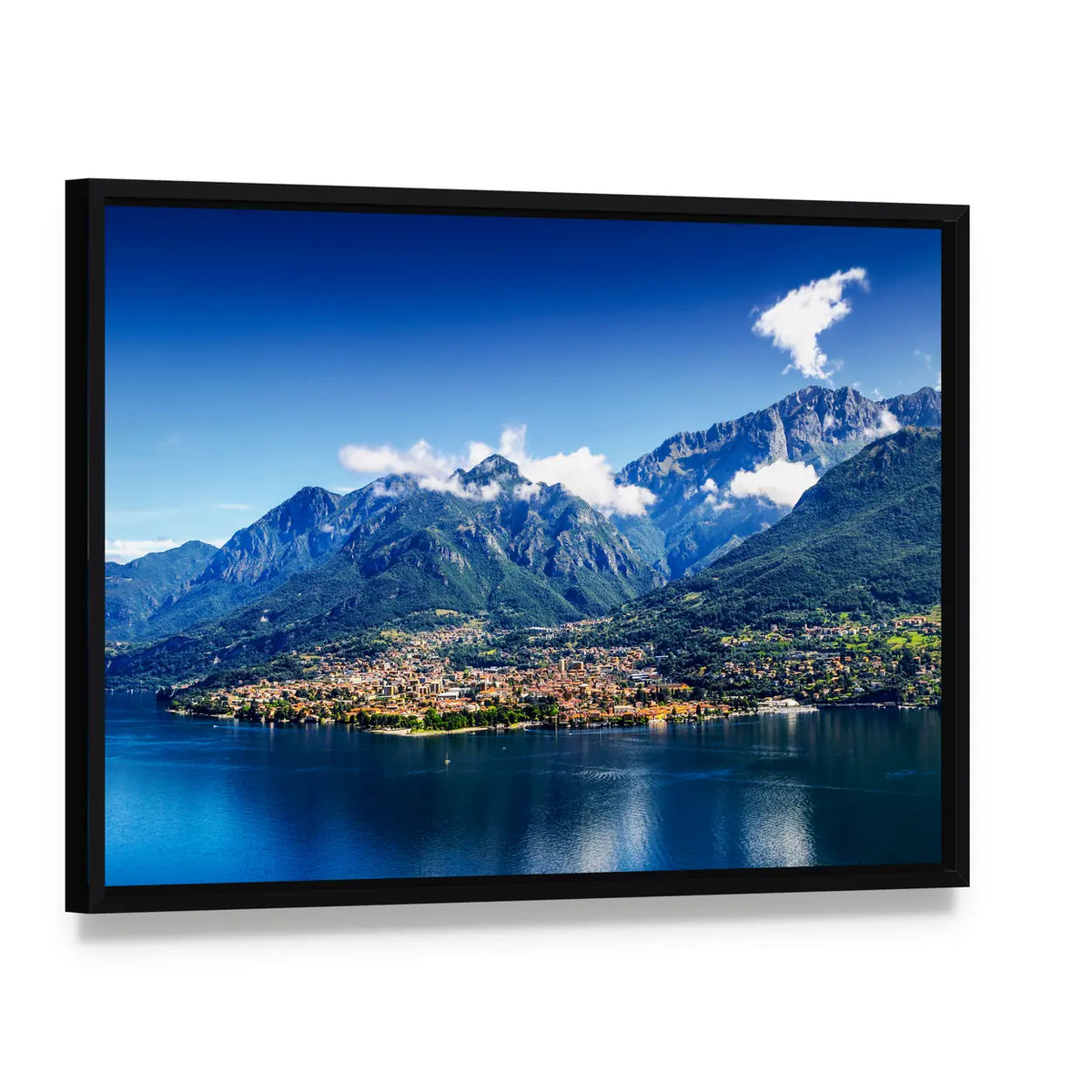 Small Town at Foot of Alpine Mountain, Lake Como Canvas Wall Art, framed canvas in a black floater frame, angled product view